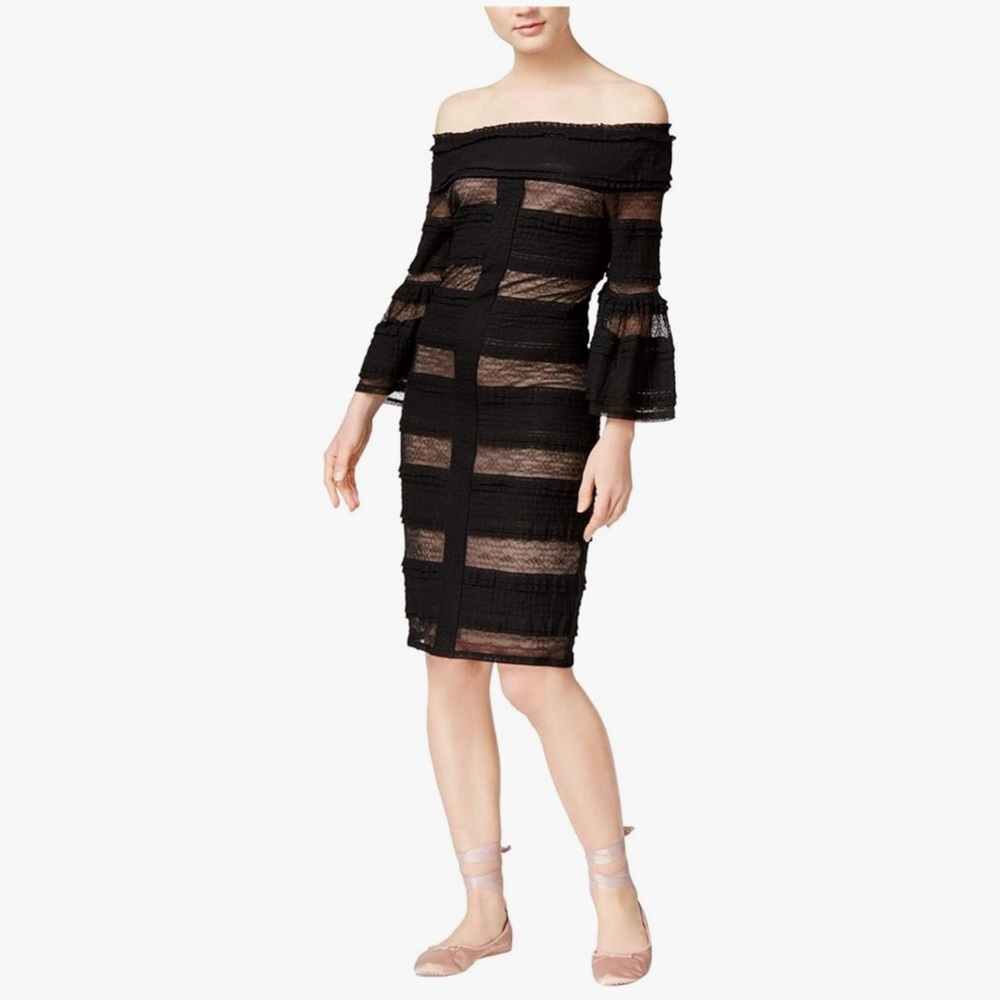 $109 RACHEL RACHEL ROY Tan Black Lace Stripe Flare Off Shoulder Midi Dress